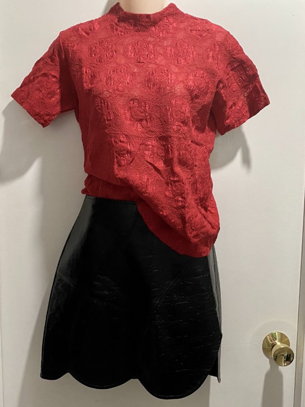 Vintage David Benjamin Red Lace Mockneck Fitted Sheer Coquette Y2K Top Blouse M
